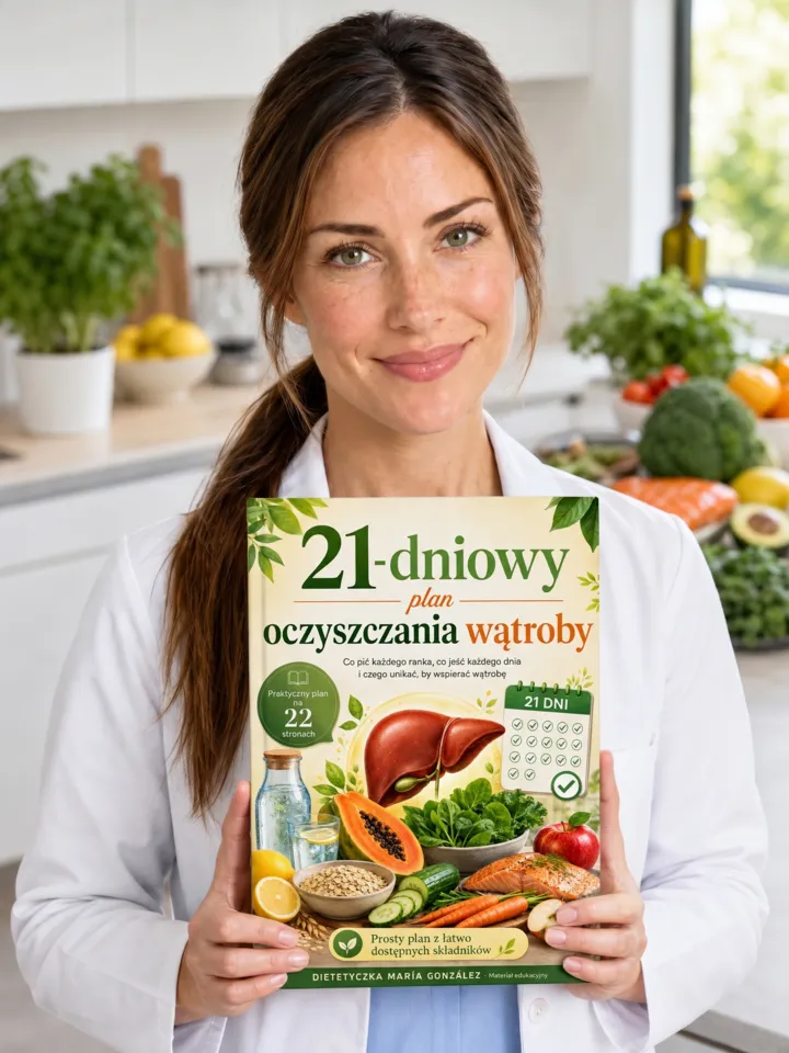 Dietetyczka María González trzyma w dłoniach 21-dniowy plan oczyszczania wątroby